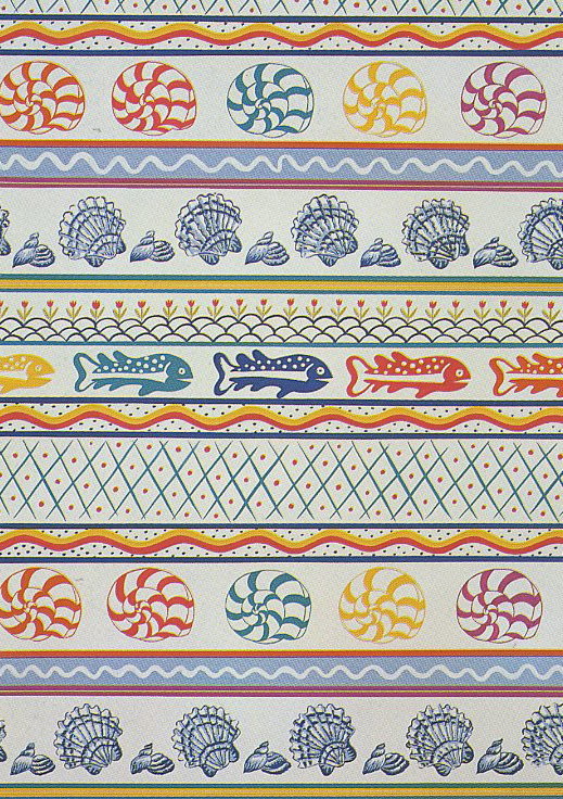 printed silk fabric Shells Fishes theme